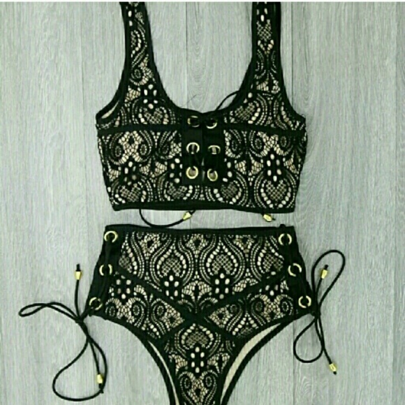 Lace up bikini high waist black two peice - BLACK - Picture 4 of 5